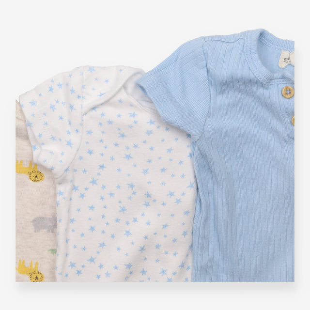 Bodysuits SS 3pc animals ribbed blue stars