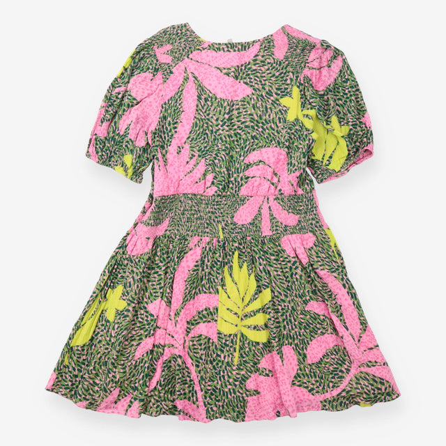 Pink Green Printed V-Neck Dress Lurex Detail