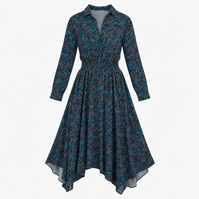 Midi Dress Black Blue Print Shirred Waist Long Sle
