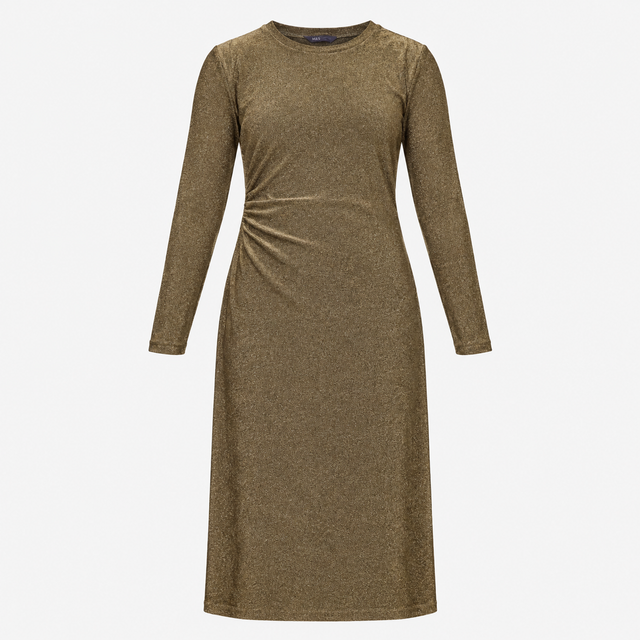 Midi Dress Gold Metallic Ruched Long Sleeve Bodyco