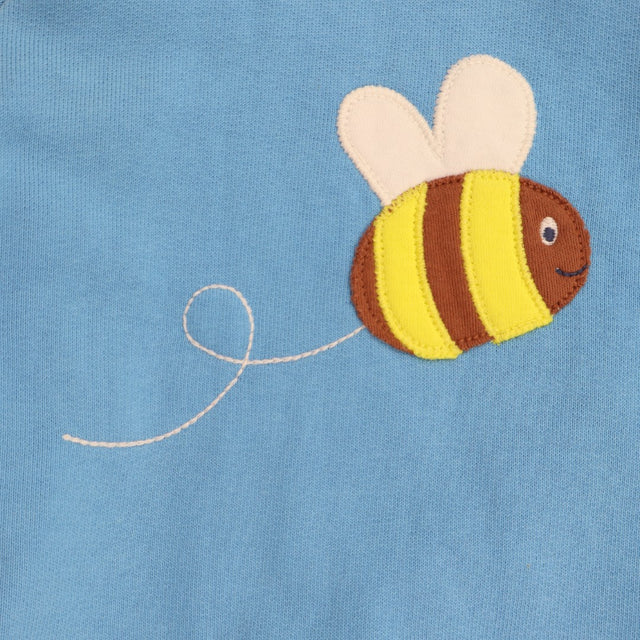 Sweater blue bee applique with flower elbows
