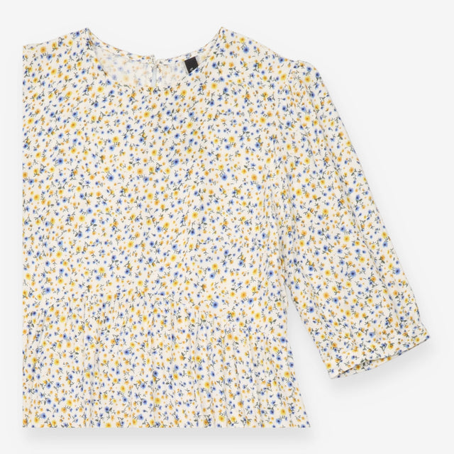 Midi Dress Cream Yellow Blue Ditsy Floral Tiered S