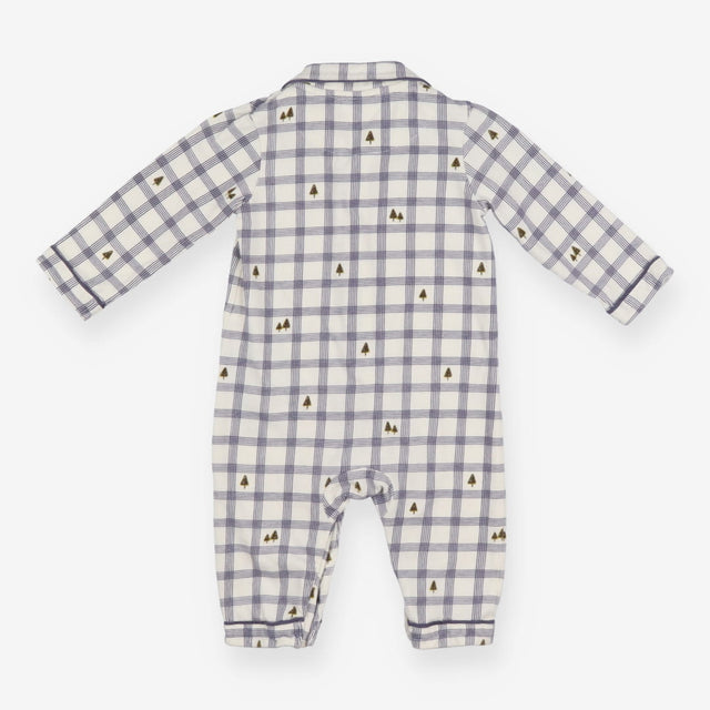 Sleepsuit white blue check trees collar