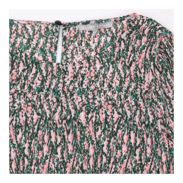 Blouse Pink Green Floral Print Pleated Long Sleeve