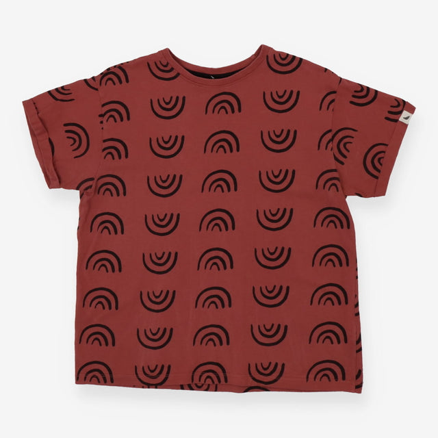 Brick Red Organic Cotton Tee | Abstract Rainbow Pr