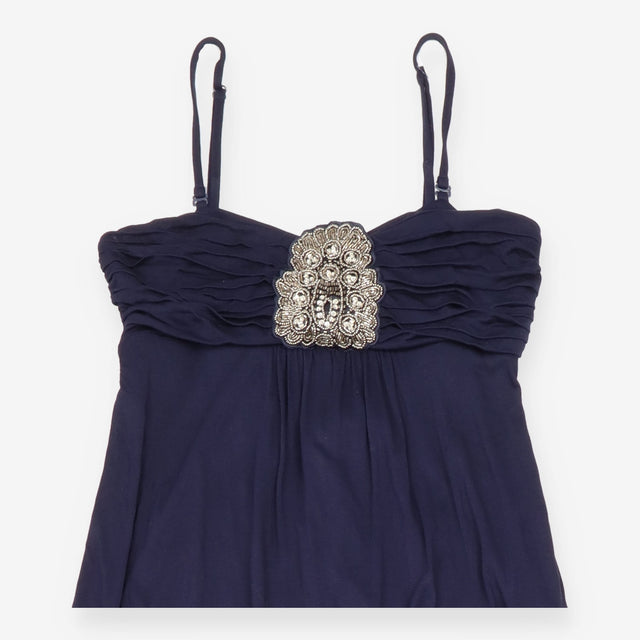 Maxi Dress Navy Blue Embellished Ruched Strappy