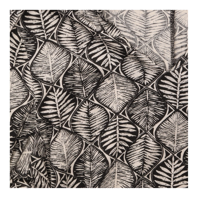 Black Cream Leaf Print Notch Neck Long Sleeve Tuni