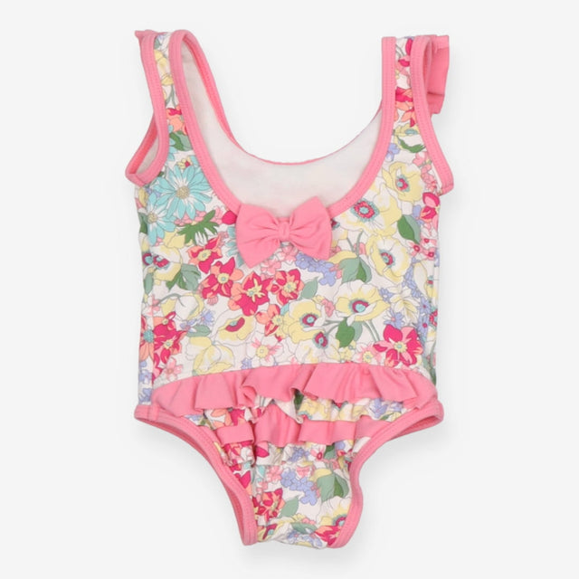 Swimsuit white floral pink edging and frill