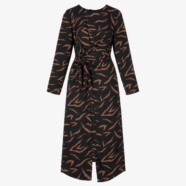 Black Tan Abstract Print Long Sleeve Wrap Midi Dre