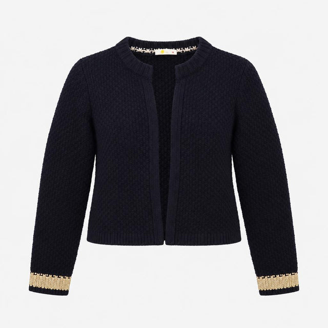 Cardigan Open Front Textured Metallic Trim Navy