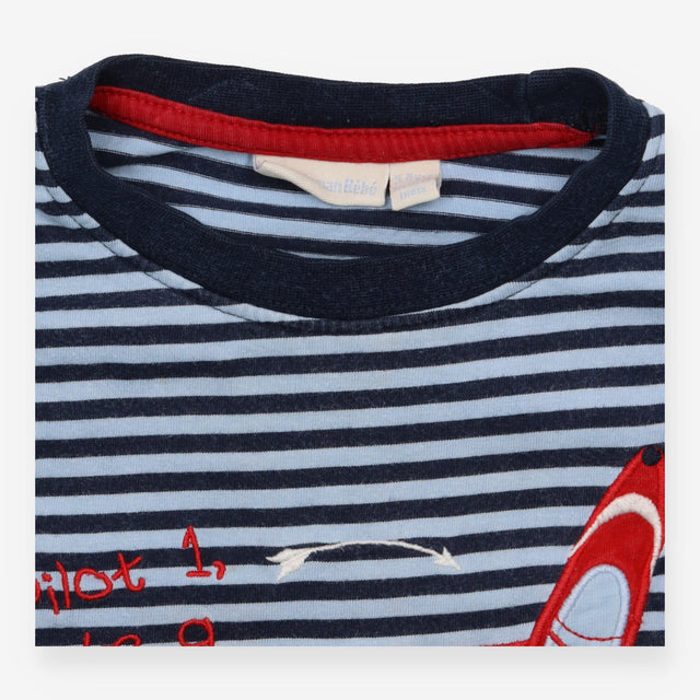 T-Shirt Short Sleeve Striped Aeroplane Print Navy