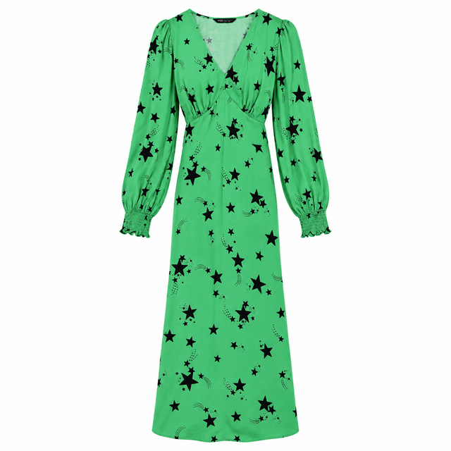 Midi Dress Green Viscose Star Print V Neck Long