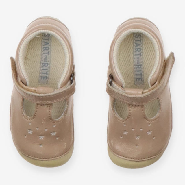 B Shoes patent T bar taupe