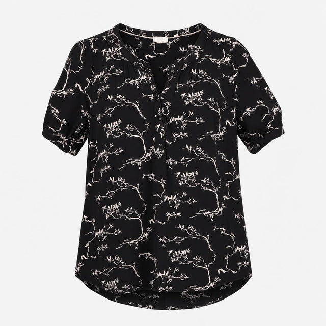 Black Cream Bird and Branch Print Short Sleeve Hen