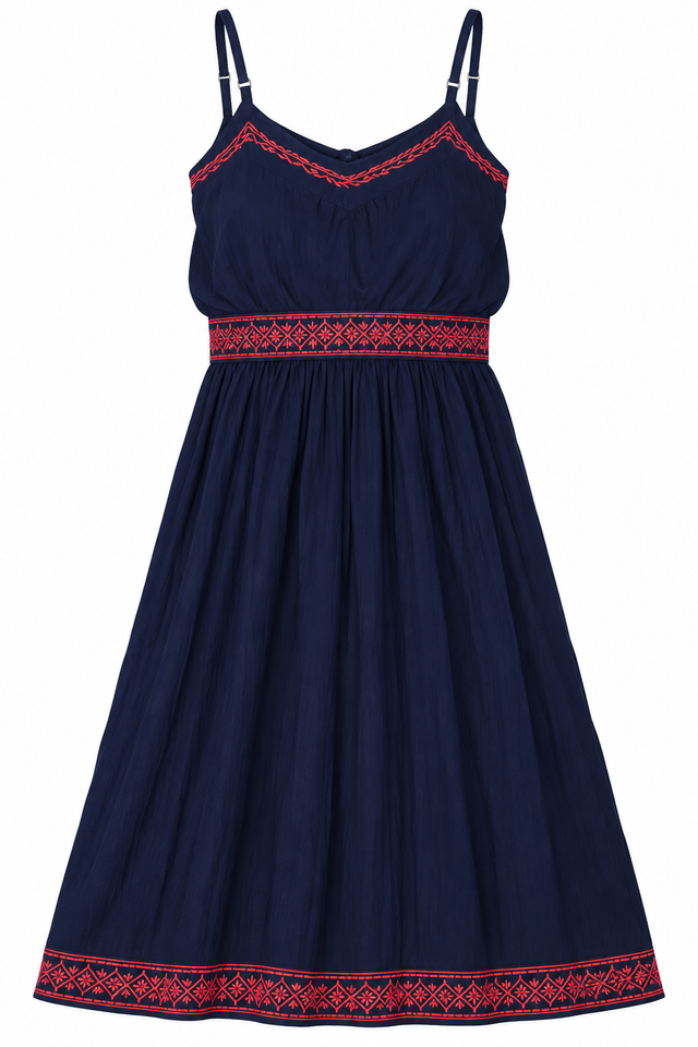 Embroidered Navy Strappy Midi Dress