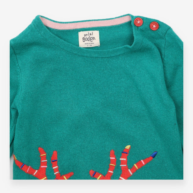 Dress Long Sleeve Knit Green Reindeer Applique