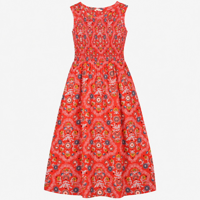 Dress Midi Shirred Organic Cotton Terracotta Flora