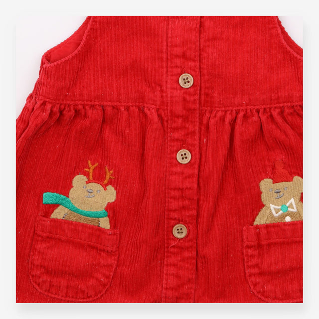 Pinafore cord red festive bear in pockets