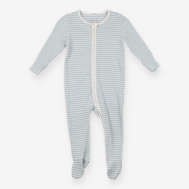 White and blue stripe ribbed zip sleepsuit