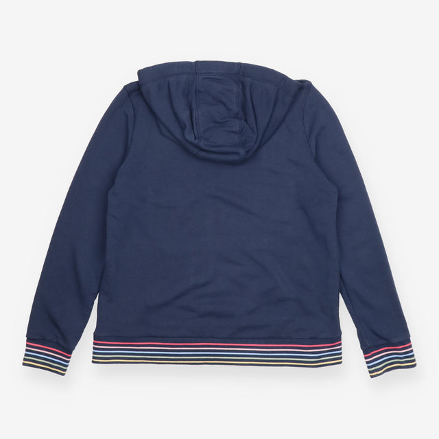Hoodie Navy Blue Striped Trim Pocket Drawstring Lo