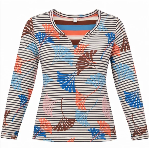 Multicolour Striped Leaf Print Long Sleeve Top