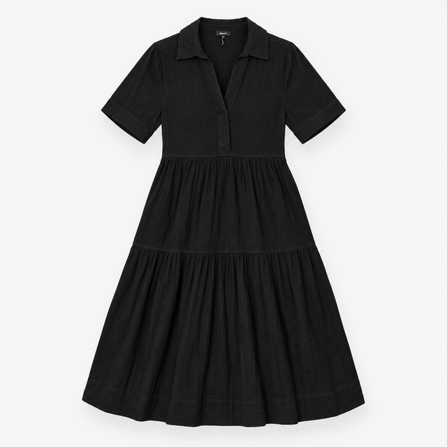 Shirt Dress in Black Cotton with Tiered Skirt