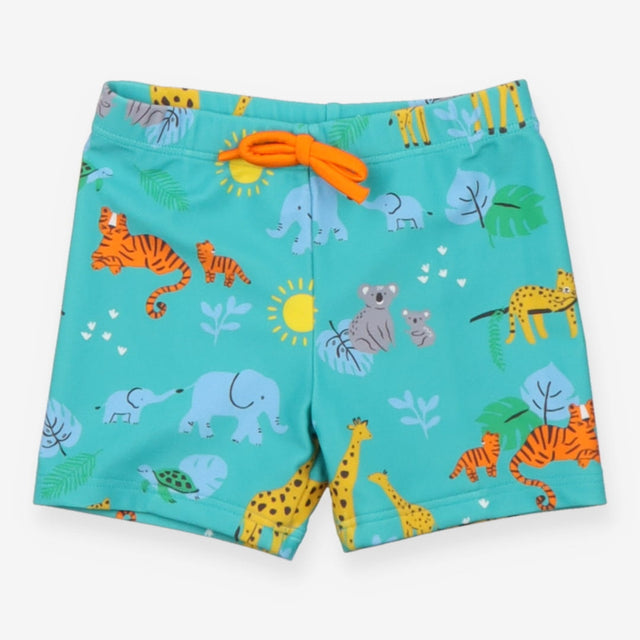 Swim trunks teal jungle animals