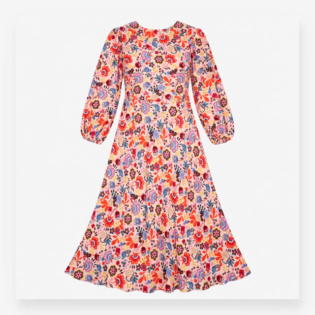 Pink Floral Long Sleeve V-Neck Maxi Dress