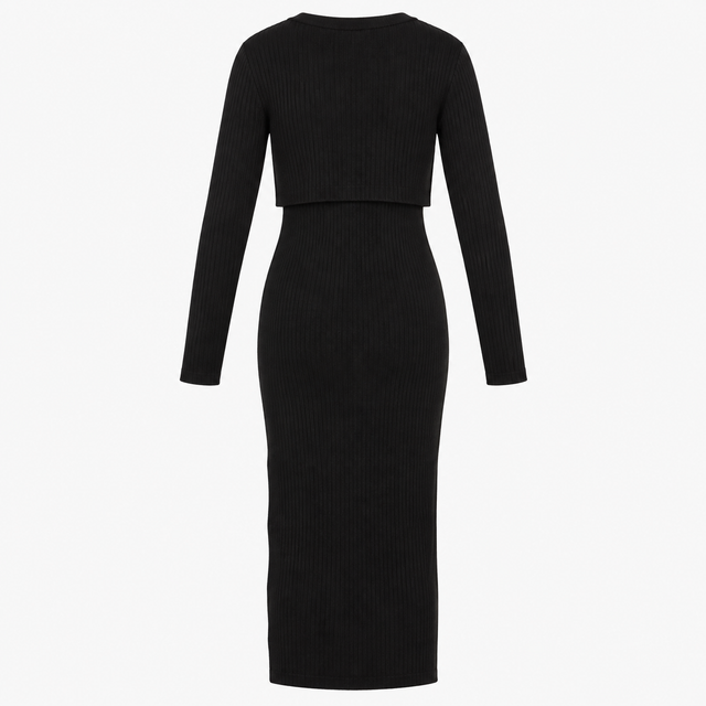 Dress Black Ribbed Knit Layered Midi Maternity