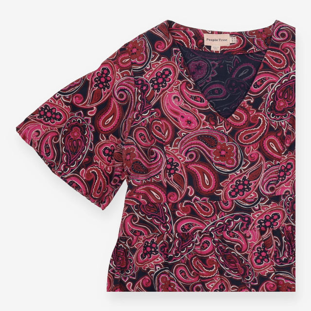 Pink & Black Paisley Dress | V-Neck Belted Midi