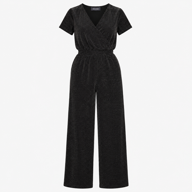 Wide Leg Jumpsuit in Black with Metallic Sparkle