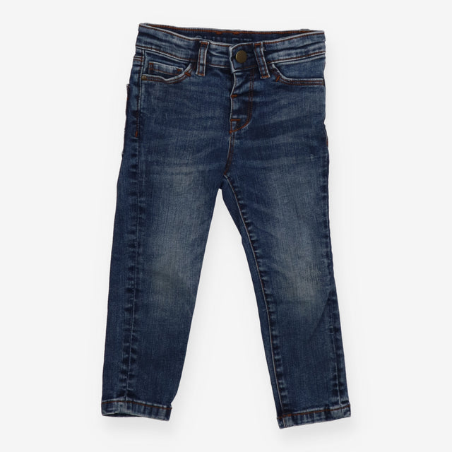 Jeans orange stitching worn leg effect