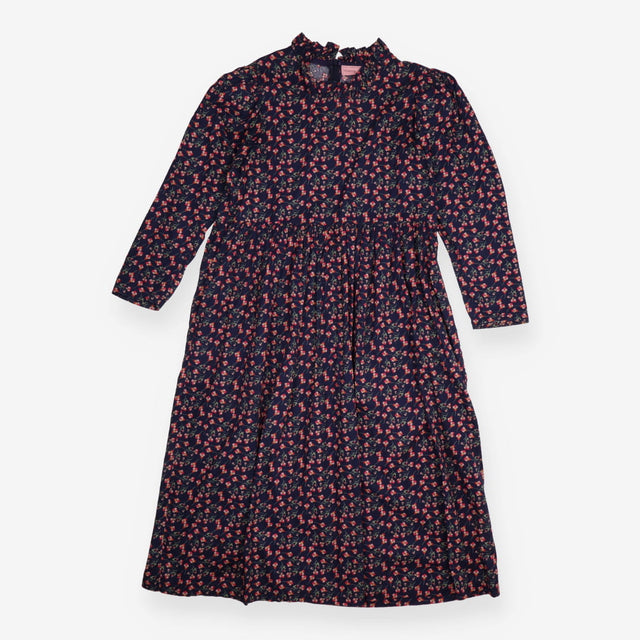 Midi Dress Navy Pink Floral Cotton Puff Sleeve