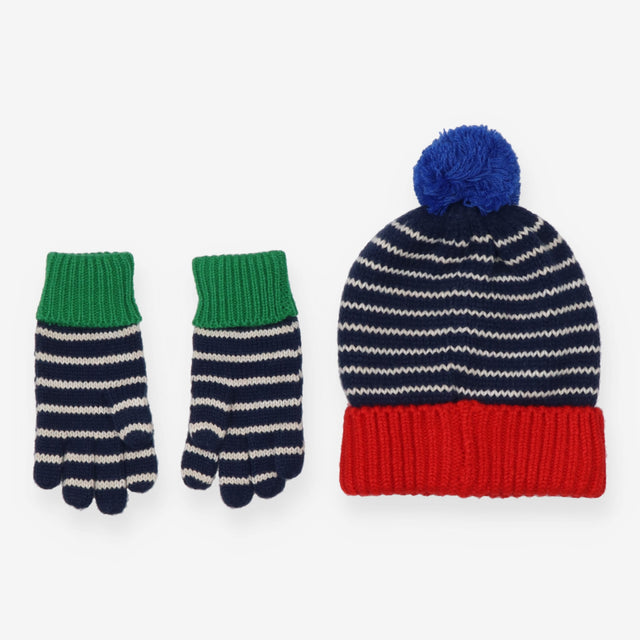 Knit Bobble Hat and Gloves Navy Stripe