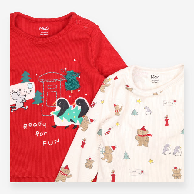 Tee ribbed 2pc red festive post cream animals