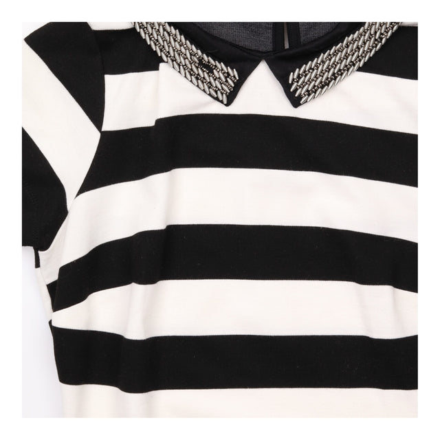 Midi Dress Black Cream Stripe Embellished Collar S