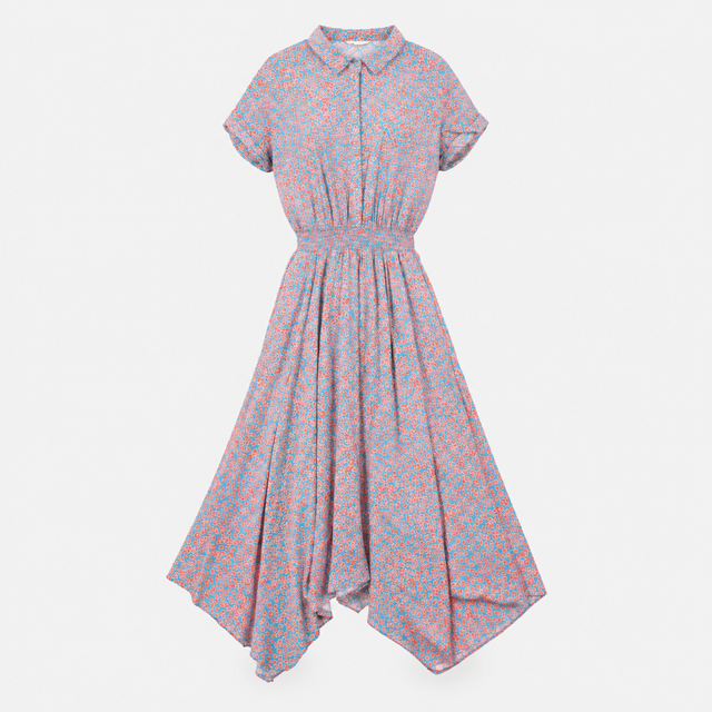 Midi Dress Blue Coral Print Shirred Waist