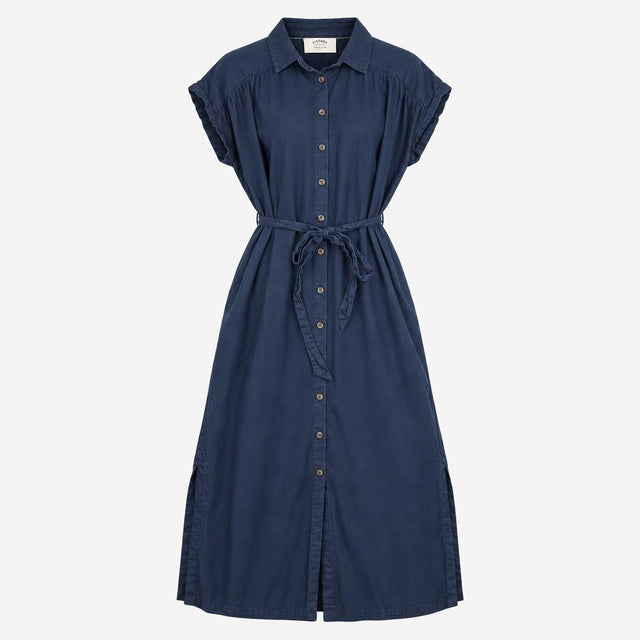 Shirt Dress Navy Blue Pure Linen Belted Button Fro