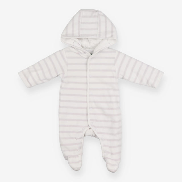 Grey and white stripe velour pramsuit