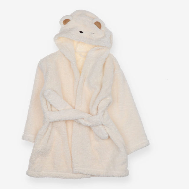 Cream towelling dressing gown with bear face hood