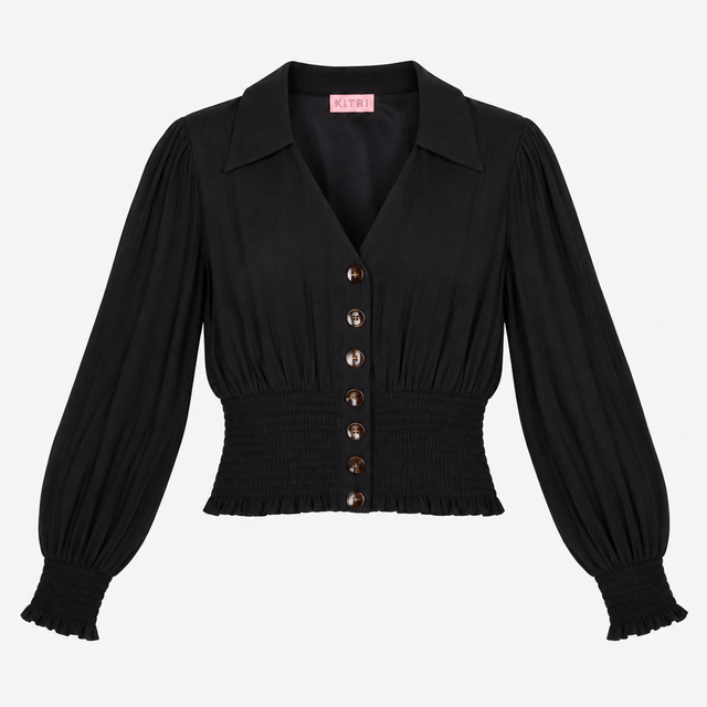Blouse Black Button Front Shirred Waist Long Sleev