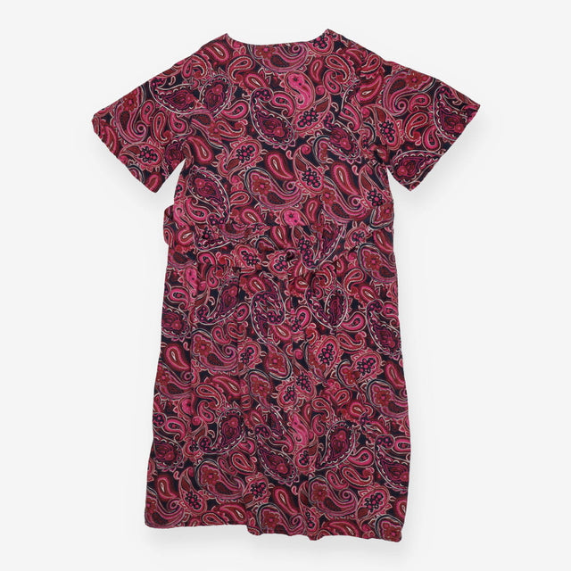 Pink & Black Paisley Dress | V-Neck Belted Midi