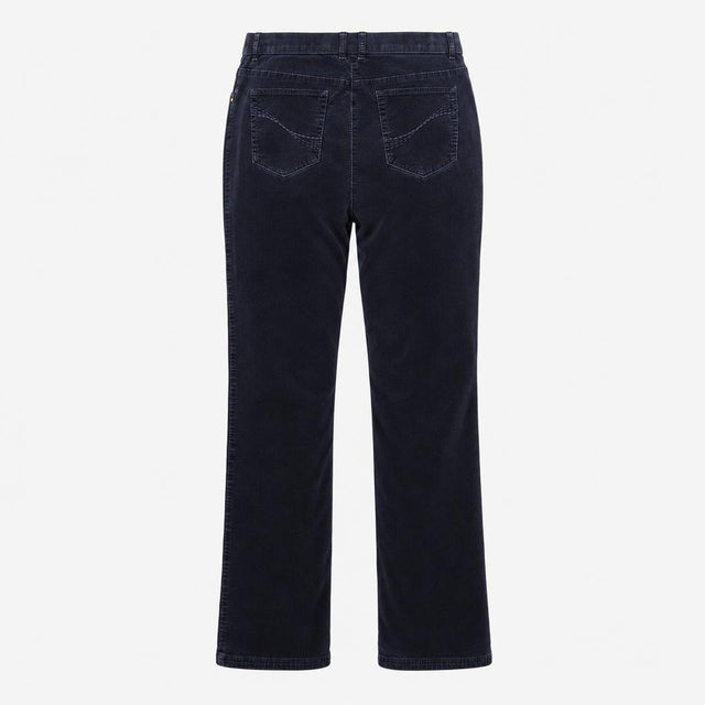 Navy Blue Fine Corduroy Leather Trim Straight Leg