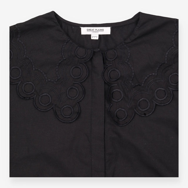 Cotton Blouse Black Embroidered Statement Collar