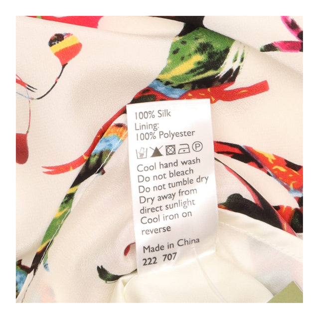 Ivory Silk Tropical Bird Print V Neck Wrap Midi Dr