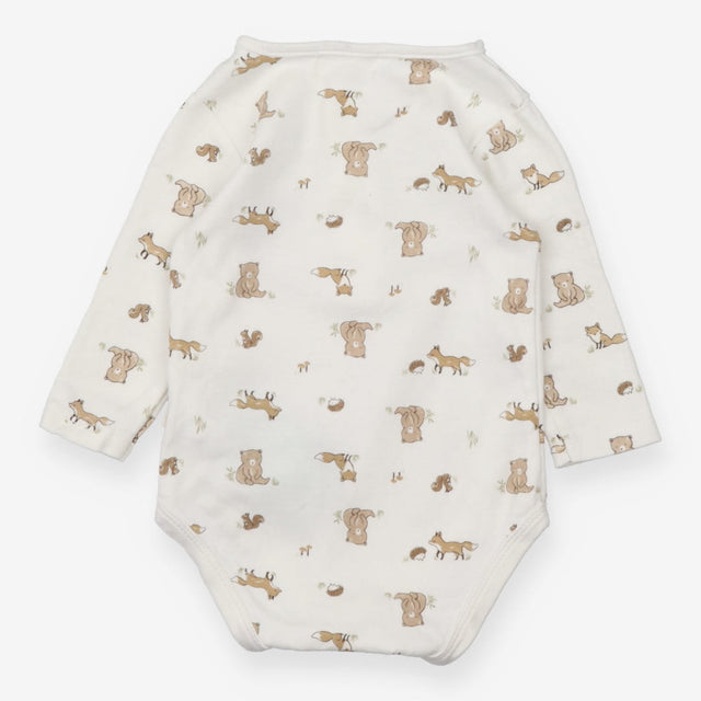 Bodysuit LS white woodland animals brown pocket
