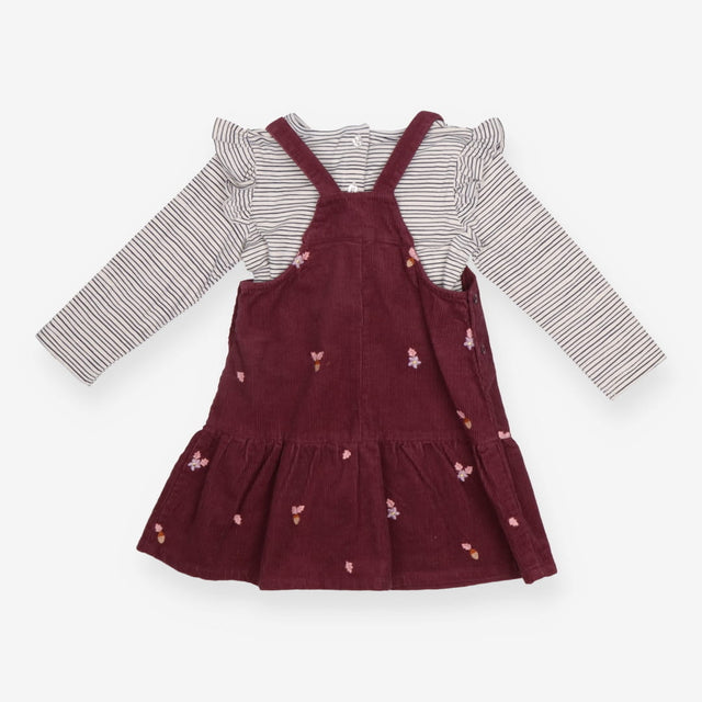 Outfit purple cord pinafore cream stripe LS tee