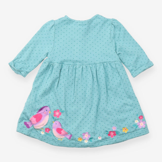 Jersey Dress Turquoise with Robins and Flowers