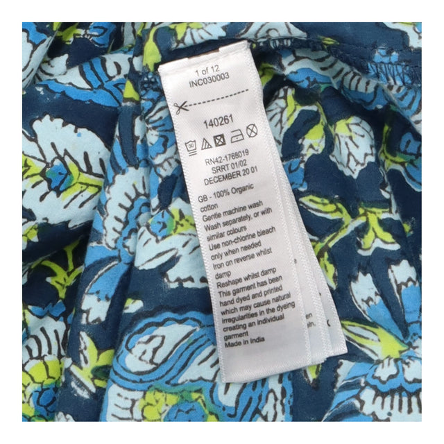 Top Blue Green Floral Print Tie Neck 100% Organic