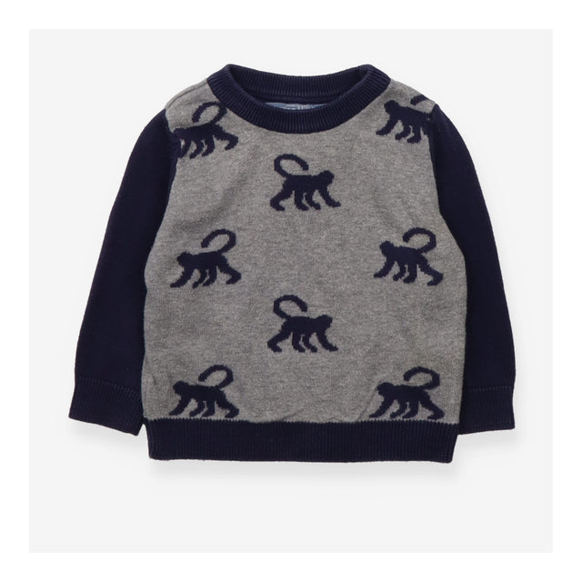 Knit sweater grey/navy with monkeys